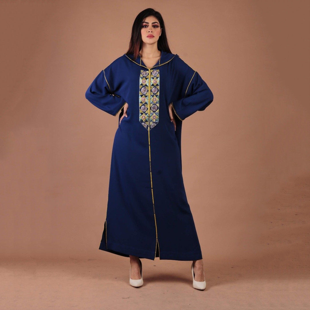 Navy Blue Embroidered Djellaba-Haute couture by Nadia Bencheqroun-MyTindy
