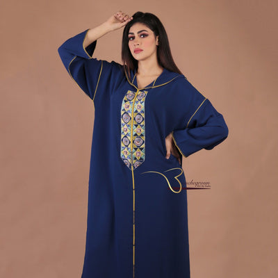 Navy Blue Embroidered Djellaba-Haute couture by Nadia Bencheqroun-MyTindy
