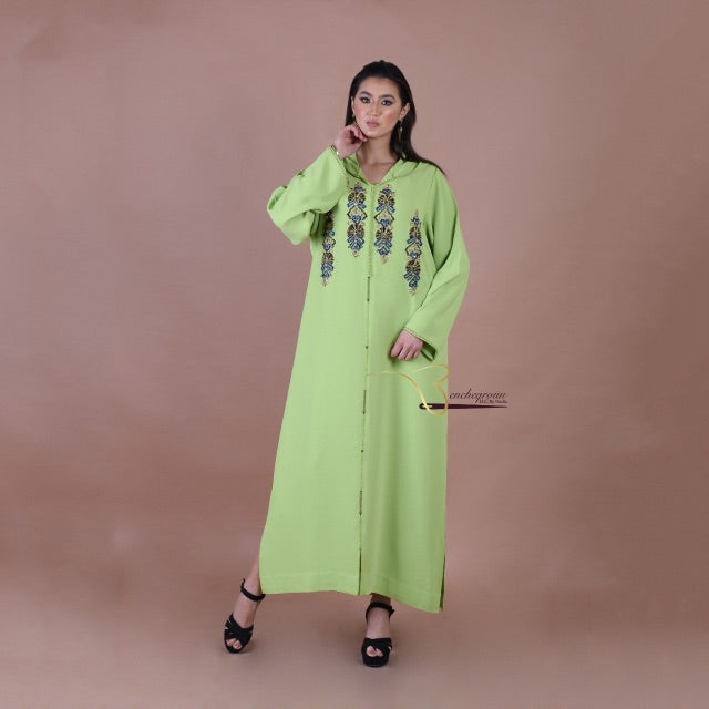 Light Green Embroidered Djellaba-Haute couture by Nadia Bencheqroun-MyTindy