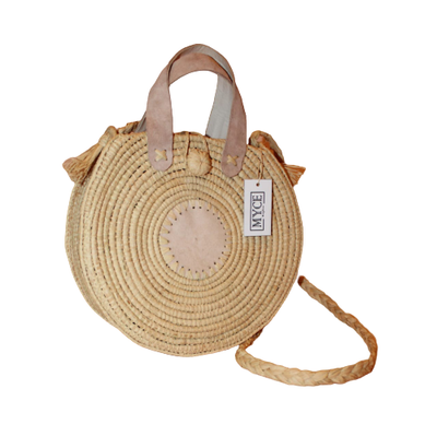 Round Raphia Shoulder Strap Bag with Leather Pattern-MYCE Raphia-MyTindy