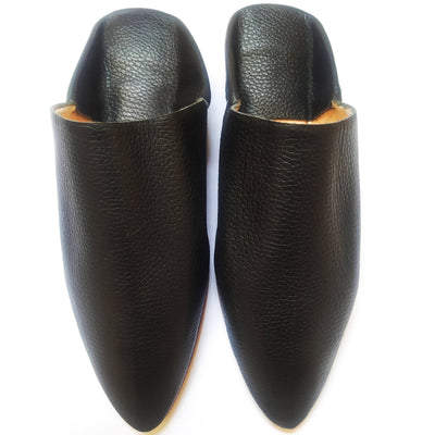 Black Grained Leather Moroccan Slippers-My Real Leather-MyTindy