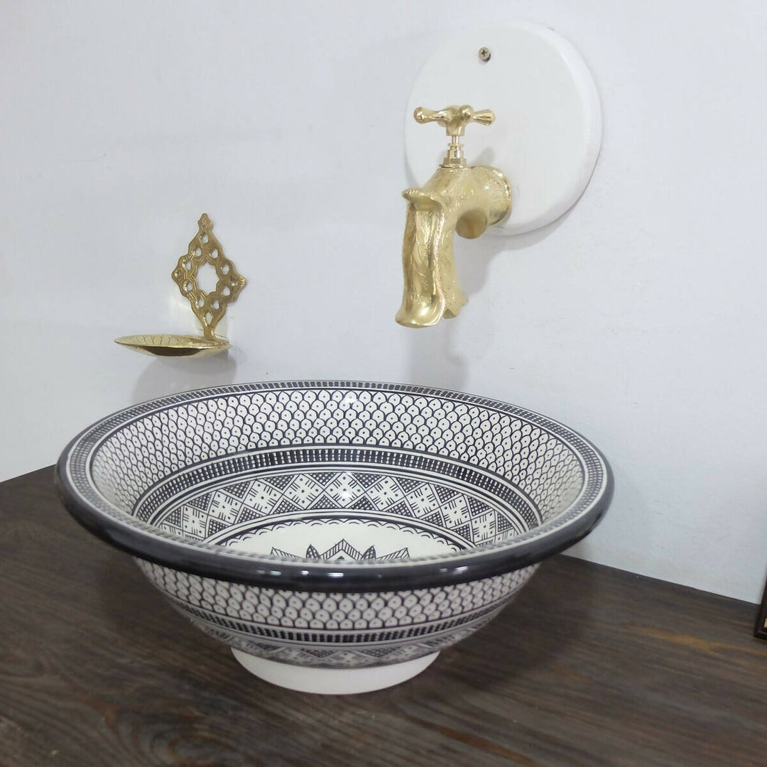 Black & White Ceramic Moroccan Sink - Handpainted