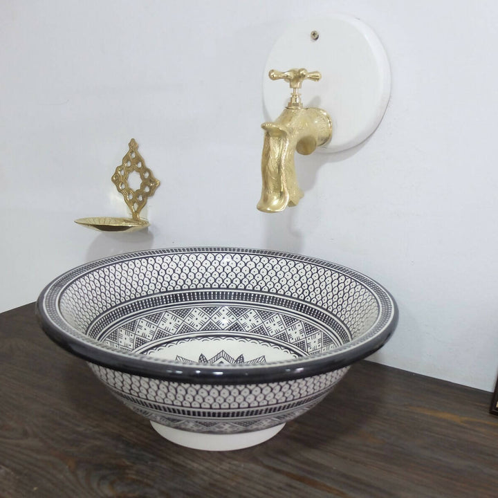 Black & White Ceramic Moroccan Sink - Handpainted