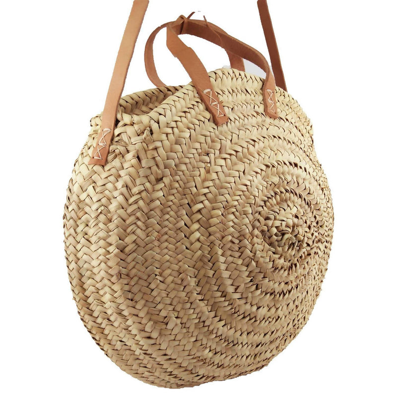 Moroccan Round Straw Bag With Double Leather Handle