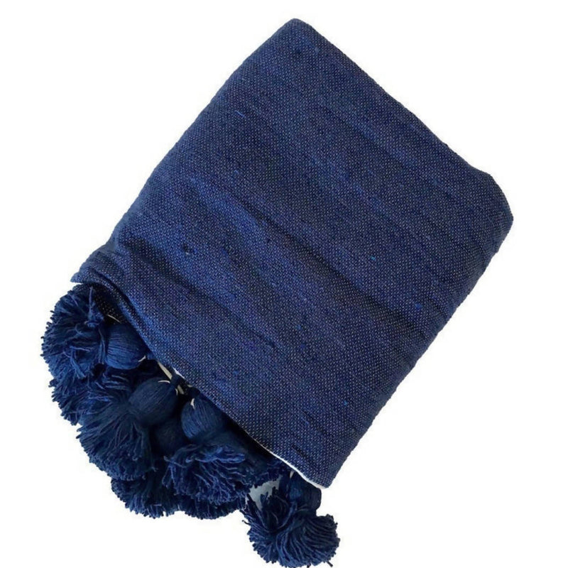 Blue Cotton Blanket, Blue POMPOMS-Bohenate-MyTindy