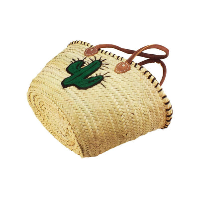 Moroccan Straw Beach Bag Basket with Cactus