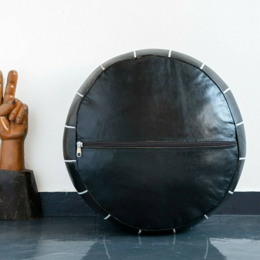 ROUND BLACK LEATHER MOROCCAN POUF
