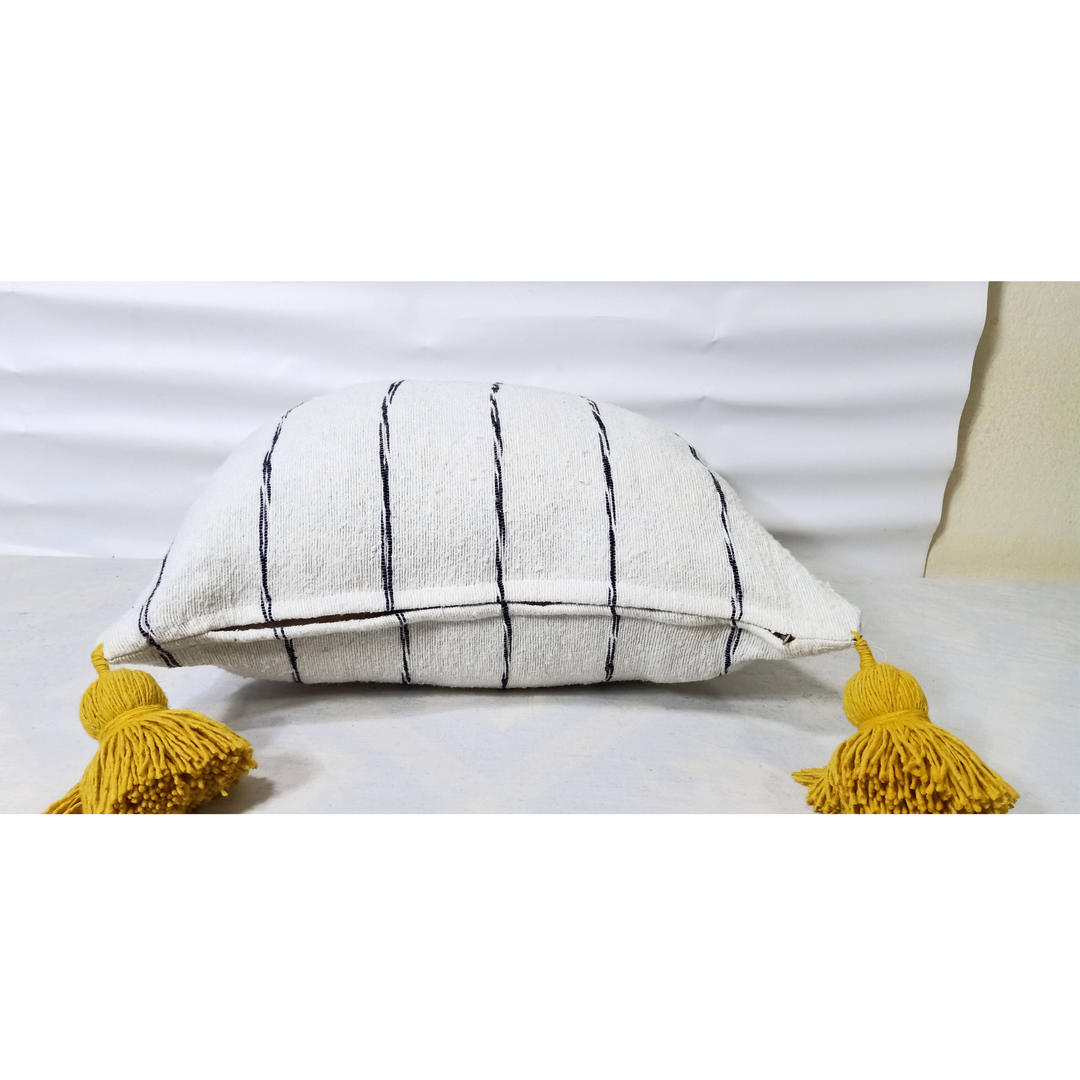 Moroccan Black and White Pillow with Yellow Pompoms