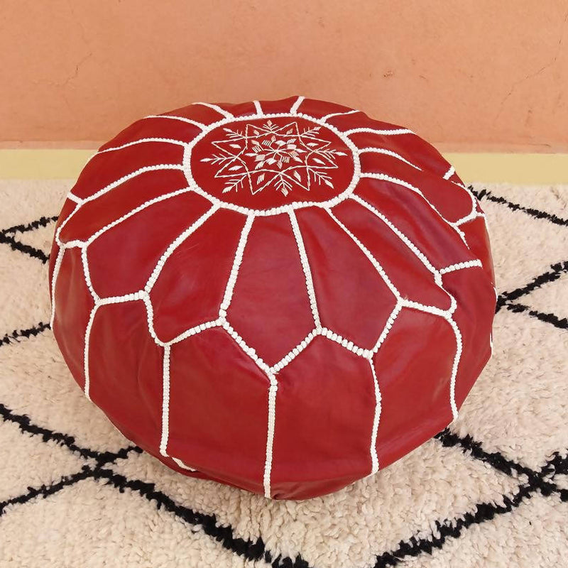 Round Leather Moroccan Pouf , Red color-Moroccan Handicraft-MyTindy