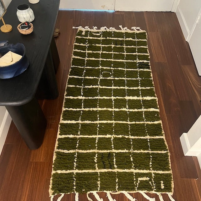 Green Handmade rug, Berber style wool rug from Morocco, Modern rug, Green Checkered Rug