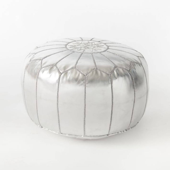 Round Silver Moroccan Pouf ( Faux Leather)-Moroccan Handicraft-MyTindy