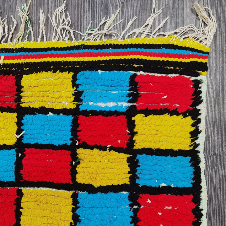 Boujaad Moroccan Rug - Handmade Berber Wool Carpet with Multicolored Checkerboard Design