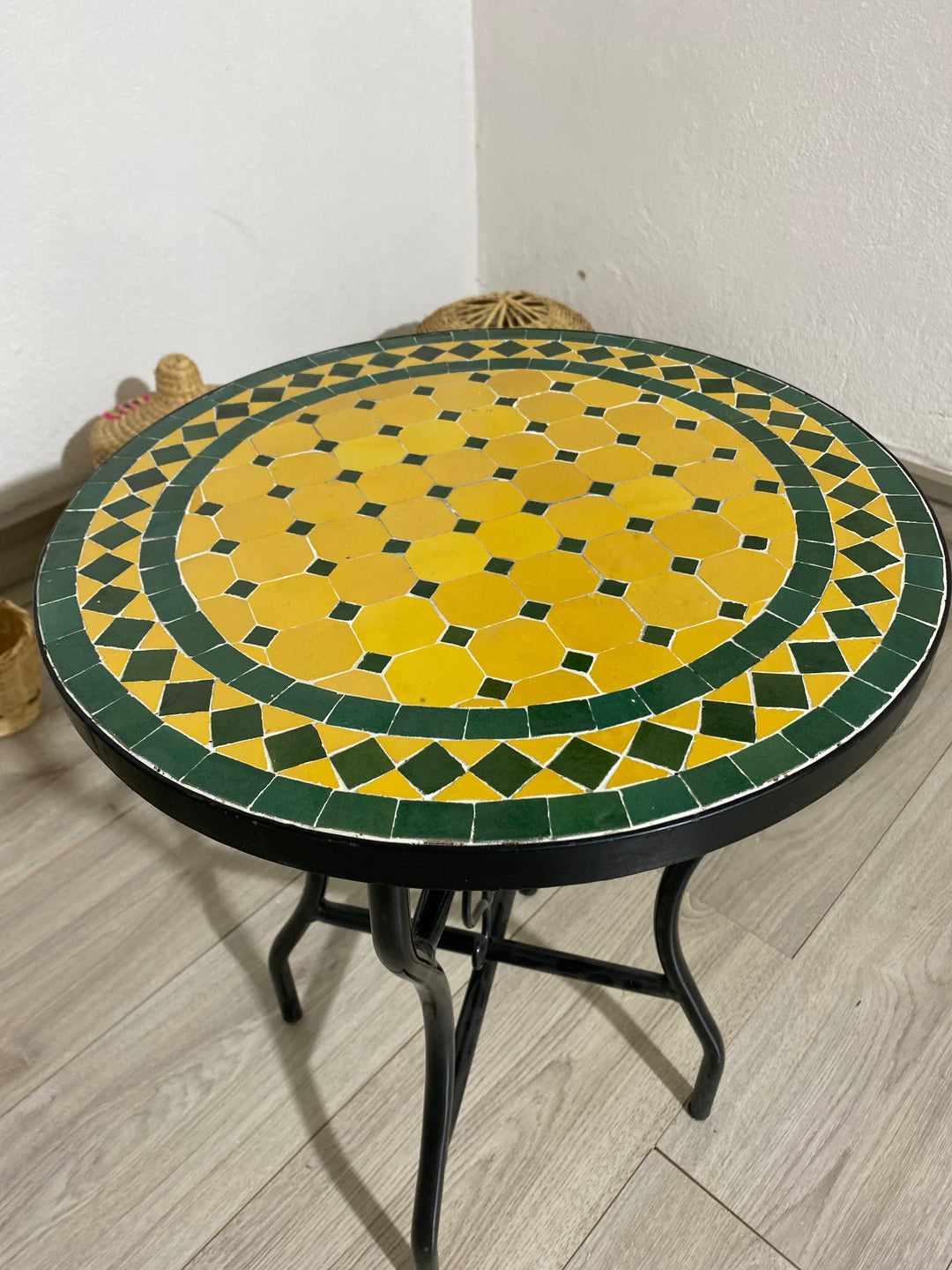 Emerald green and yellow table round made from mosaic for outdoor-indoor 100% handcrafted Moroccan tiles, Mid century Mosaic coffee table .