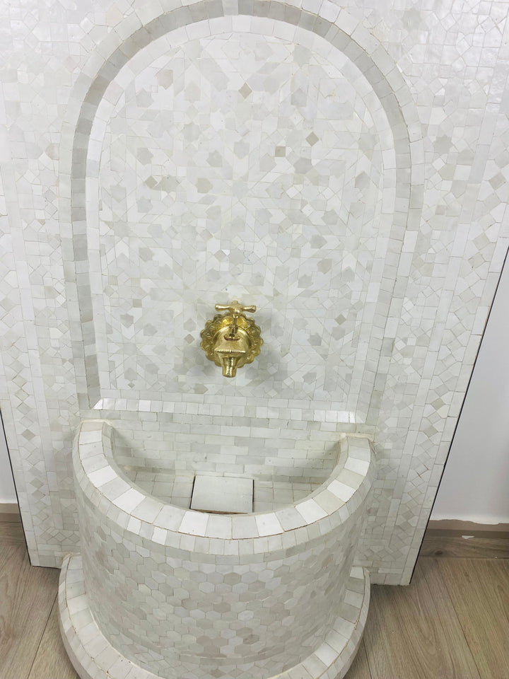 Custom Mosaic Fountain white for Outdoor and Indoor, Mid Century Fountain water inside, Moroccan Mosaic Fountain