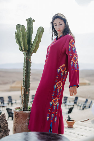 Dark Pink and Yellow Djellaba Moroccan Dress-Yass and Yass-MyTindy