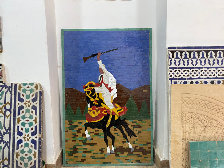 Moroccan mosaic wall hanging with wooden frame, small mosaic pieces horse Fantasia , wall mosaic decor mosaic art , tiles clay wall art
