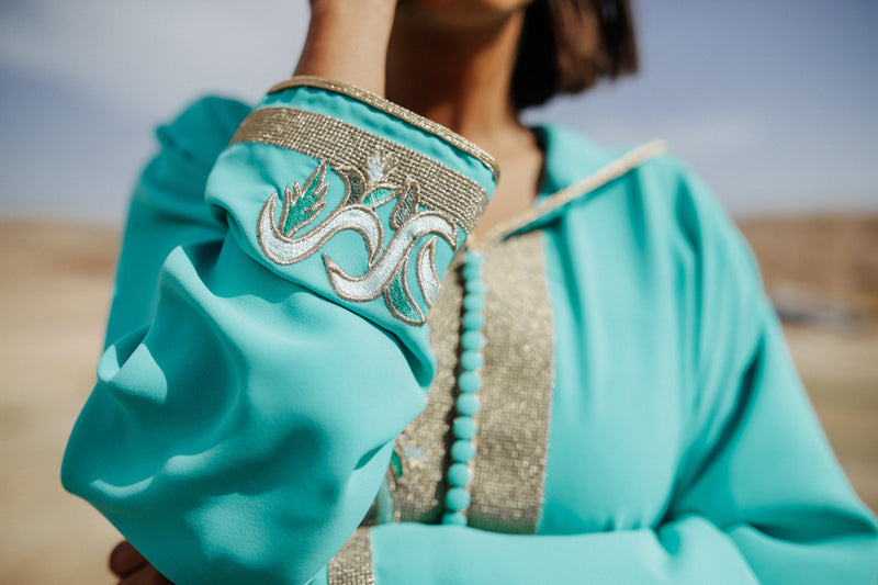 Gold and Aqua Djellaba Moroccan Dress-Yass and Yass-MyTindy