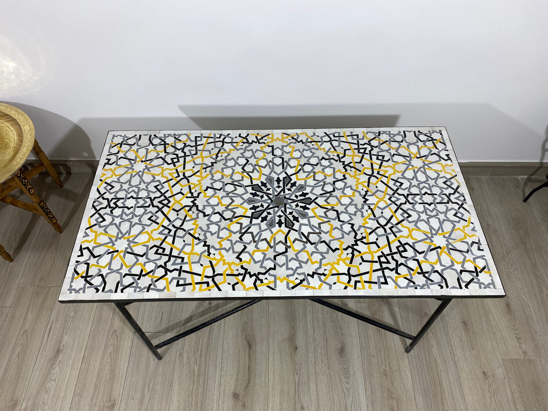 mosaic table for indoor and outdoor platinum colors 100% handmade, Customizable pattern and colors Built with mid-century modern styling.