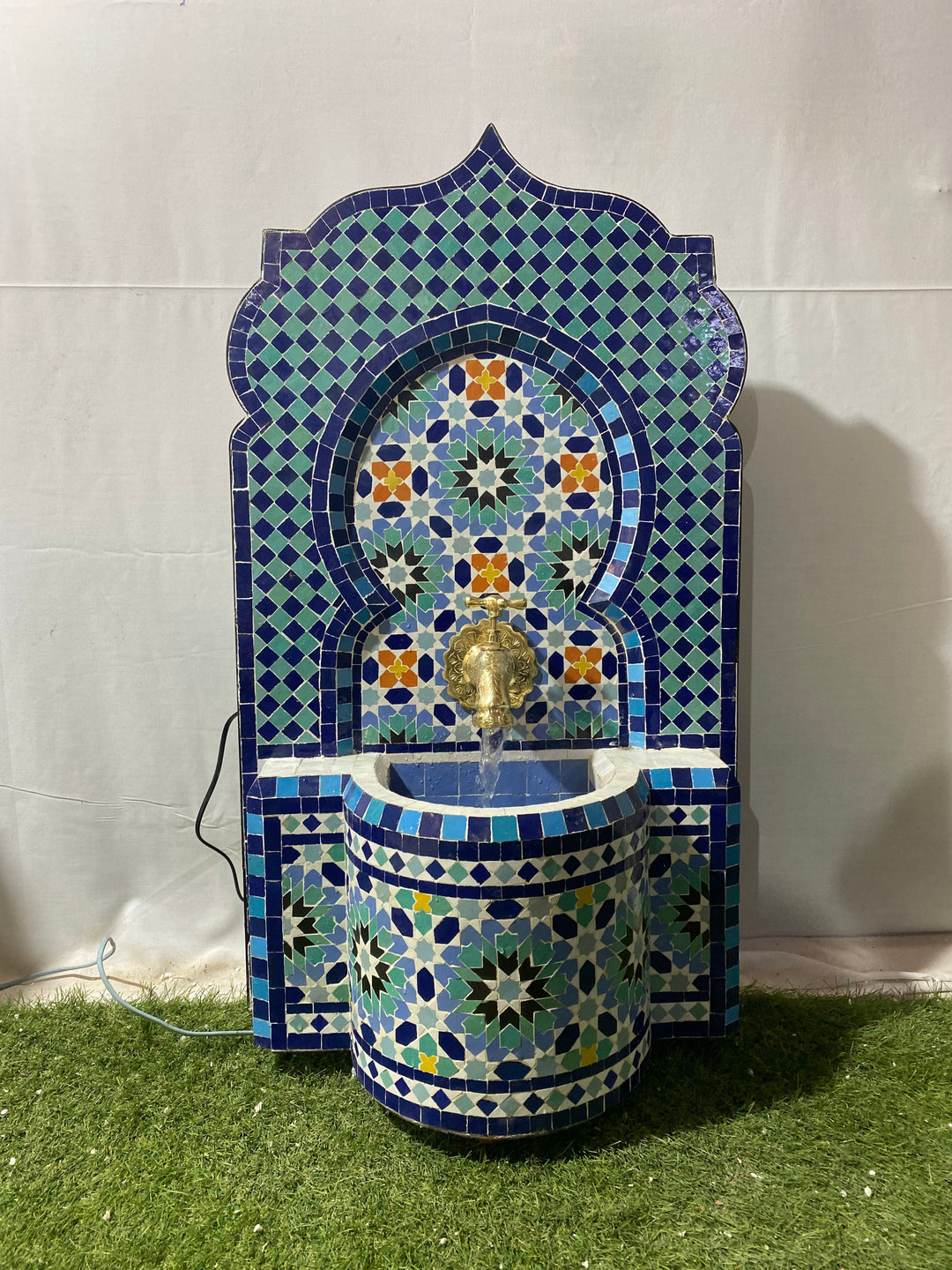 Fountain with colorful small mosaic, water inside fountain, Moroccan Mosaic Fountain, terrace Indoor Decor.