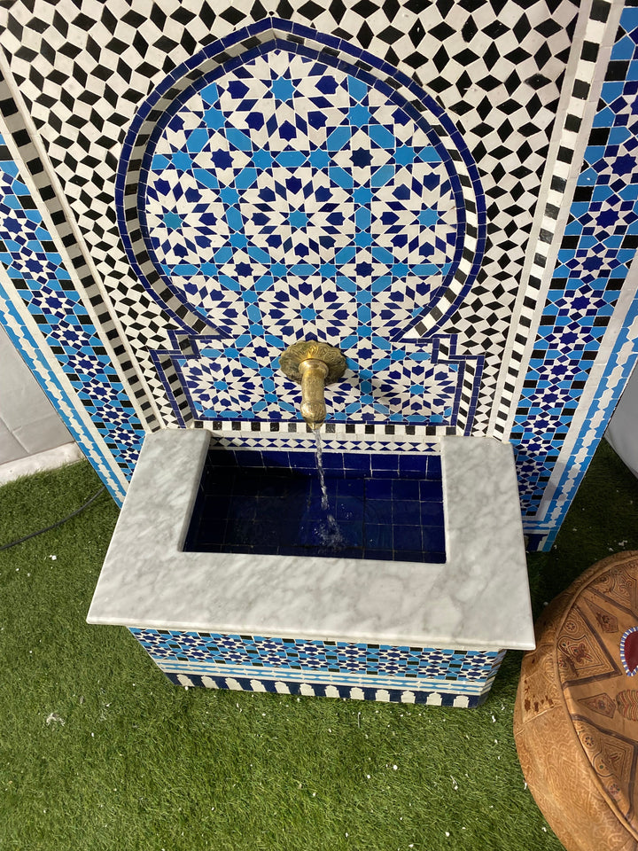 Moroccan mosaic fountain ,Moorish mosaic tile fountain Mosaic , water inside fountain, Moroccan Mosaic Fountain, terrace Indoor Decor.