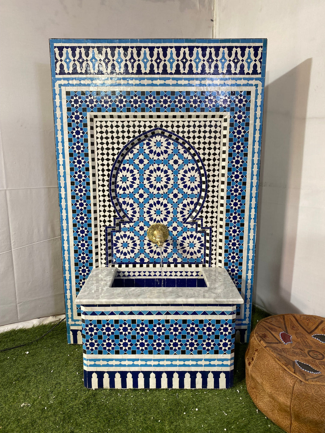Moroccan mosaic fountain ,Moorish mosaic tile fountain Mosaic , water inside fountain, Moroccan Mosaic Fountain, terrace Indoor Decor.