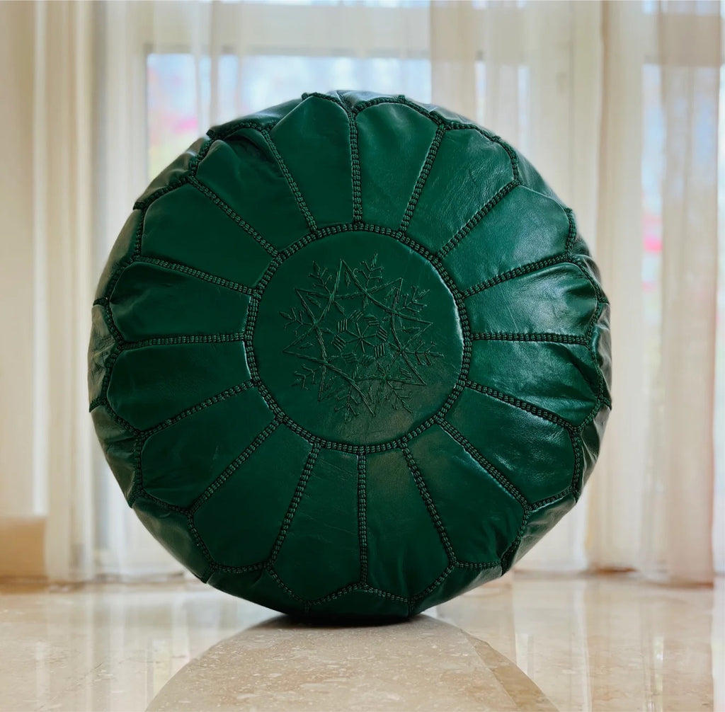 Moroccan Green Leather Pouf