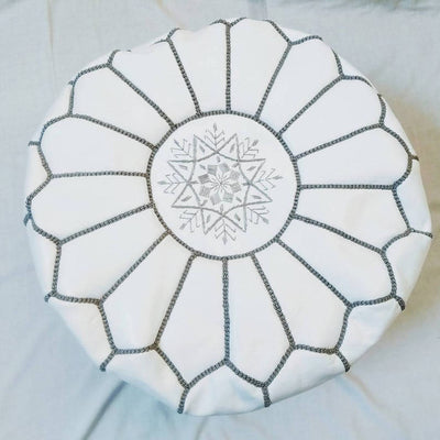 Round White Leather Moroccan Pouf-Moroccan Handicraft-MyTindy