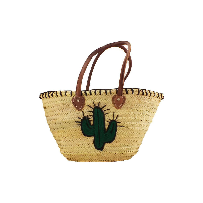Moroccan Straw Beach Bag Basket with Cactus