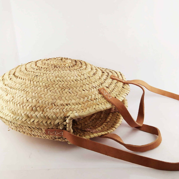 Moroccan Round Straw Bag With Double Leather Handle