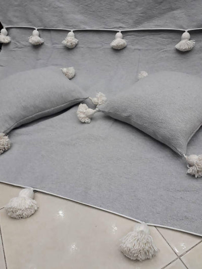 Grey Cotton Blanket, White POMPOMS-Bohenate-MyTindy