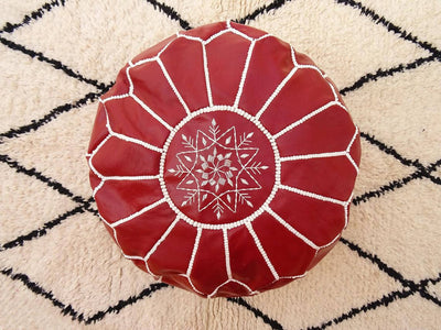 Round Leather Moroccan Pouf , Red color-Moroccan Handicraft-MyTindy