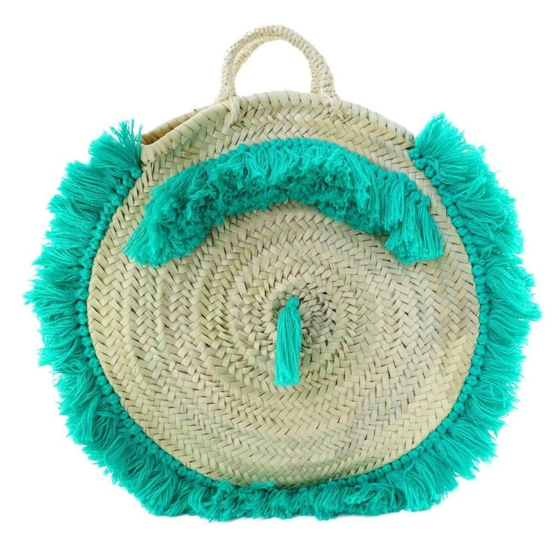 Moroccan Round Wicker Tote Bag with Green Fringes-Salman Artisanal-MyTindy