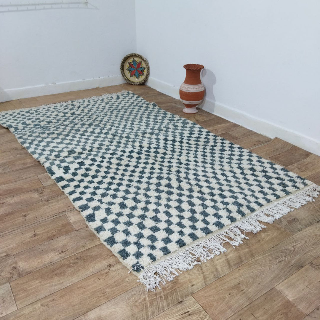 Turquoise Handmade Rug, White & Turquoise Checkered Rug - Berber style wool rug from Morocco - Modern rug