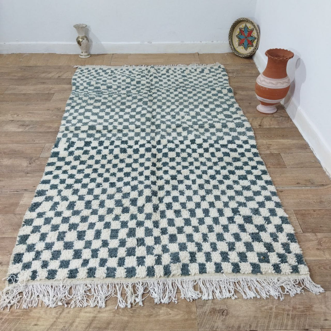 Turquoise Handmade Rug, White & Turquoise Checkered Rug - Berber style wool rug from Morocco - Modern rug