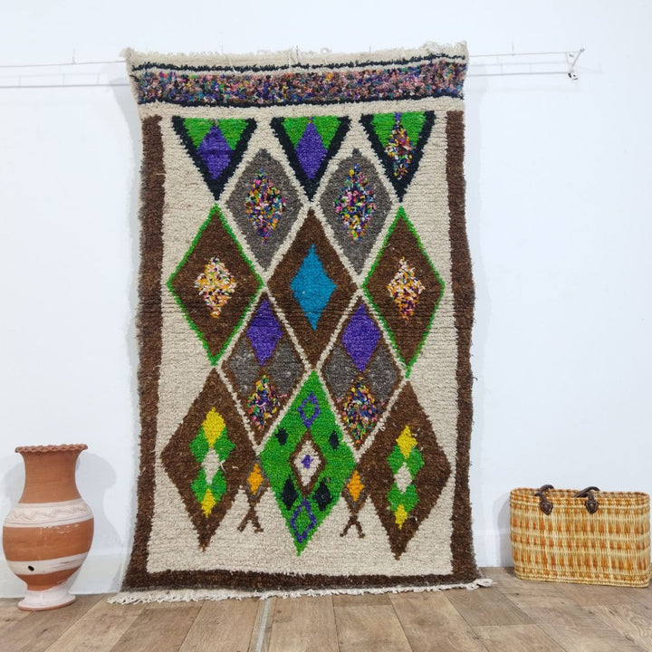 Stunning Brown Moroccan Rug - Unique Multicolor Wool Carpet - Colorful Green Area Rug 3x5ft