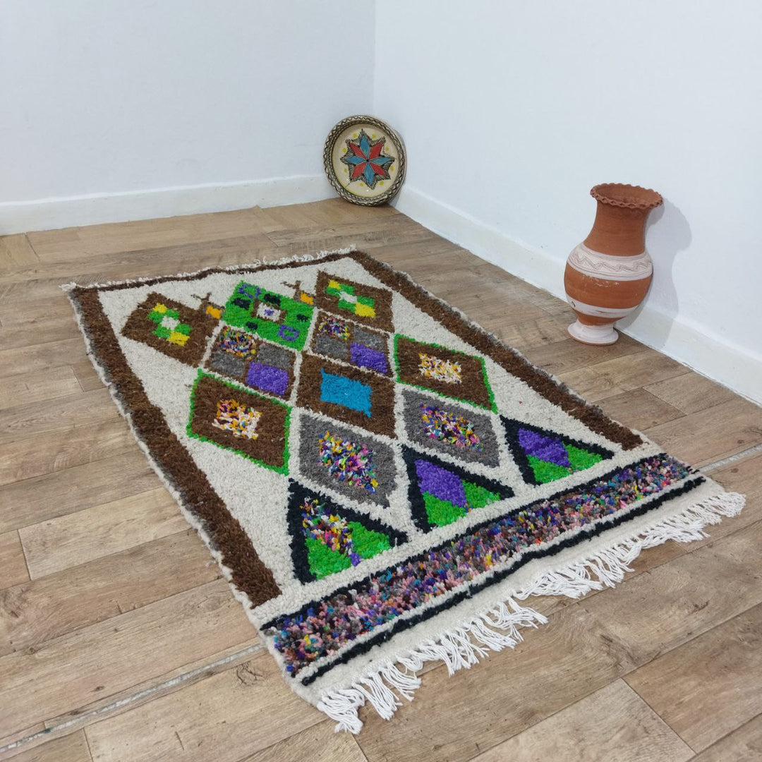 Stunning Brown Moroccan Rug - Unique Multicolor Wool Carpet - Colorful Green Area Rug 3x5ft