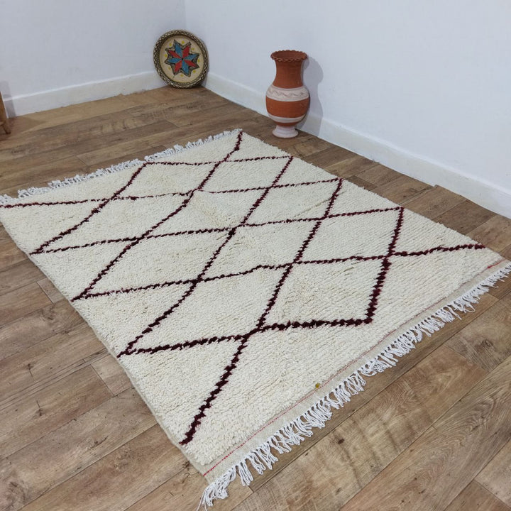 Authentic White And Burgundy Moroccan Rug - Beni Ourain Rug 5x5 Ft