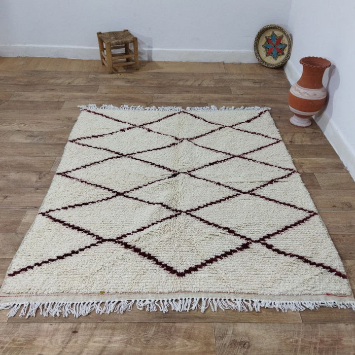 Authentic White And Burgundy Moroccan Rug - Beni Ourain Rug 5x5 Ft