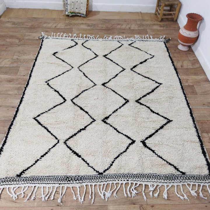 Authentic Beni ourain White and Black Rug - 6x7 Ft Wool Berber White & Black Carpet