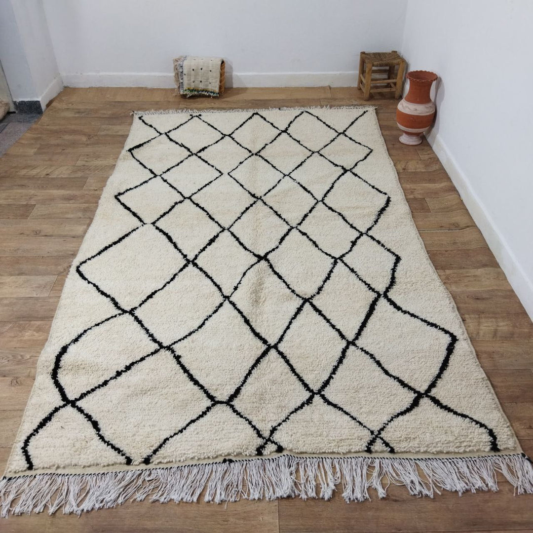 Authentic Beni ourain White and Black Rug - 6x10 Ft Wool Berber White & Black Carpet