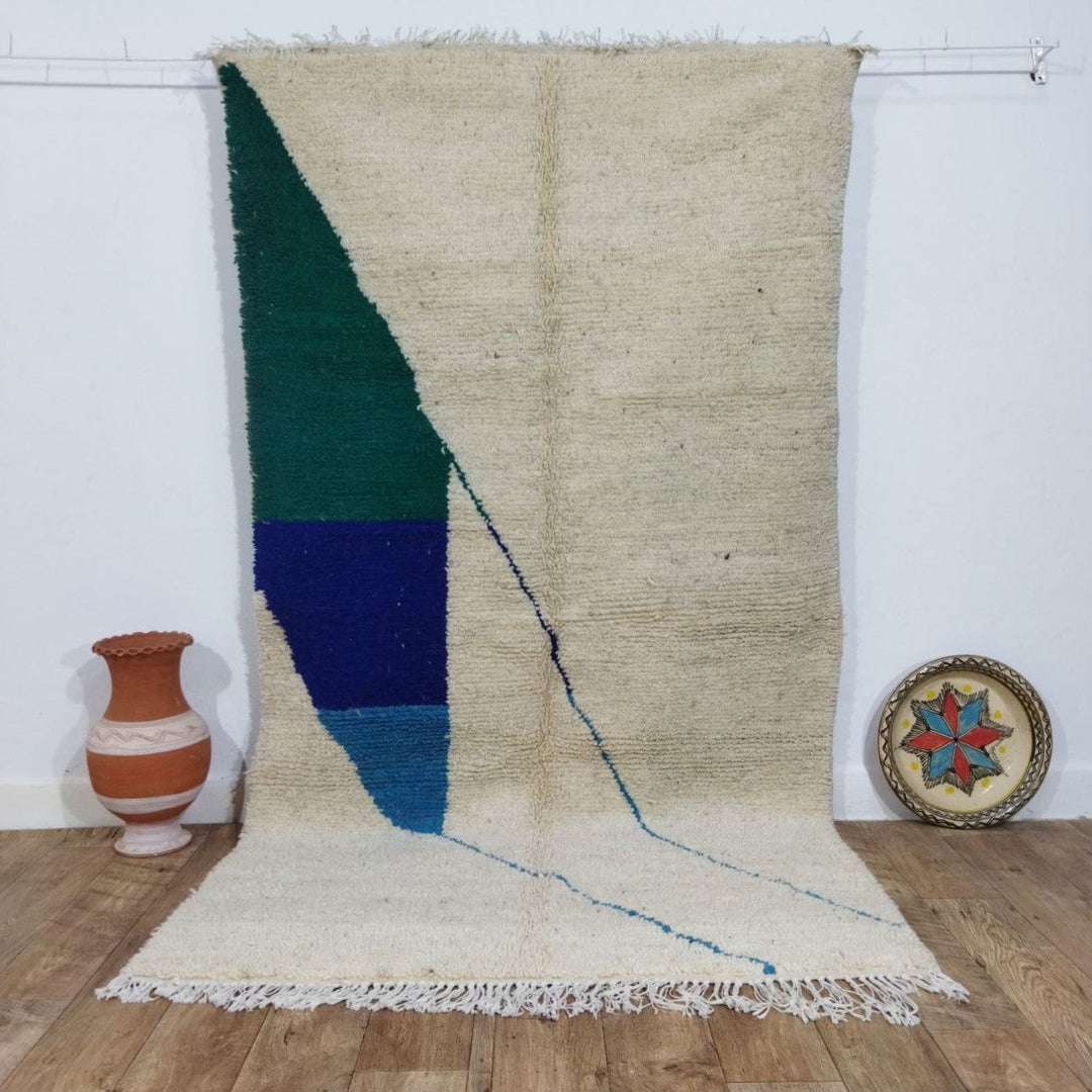 Colorful Beni Ourain Rug 4x8 Ft - Green Moroccan Rug 4x8ft - Rugs For Living Room - Moroccan Shag Rug, Berber Rug, Wool Rug, Blue Rug