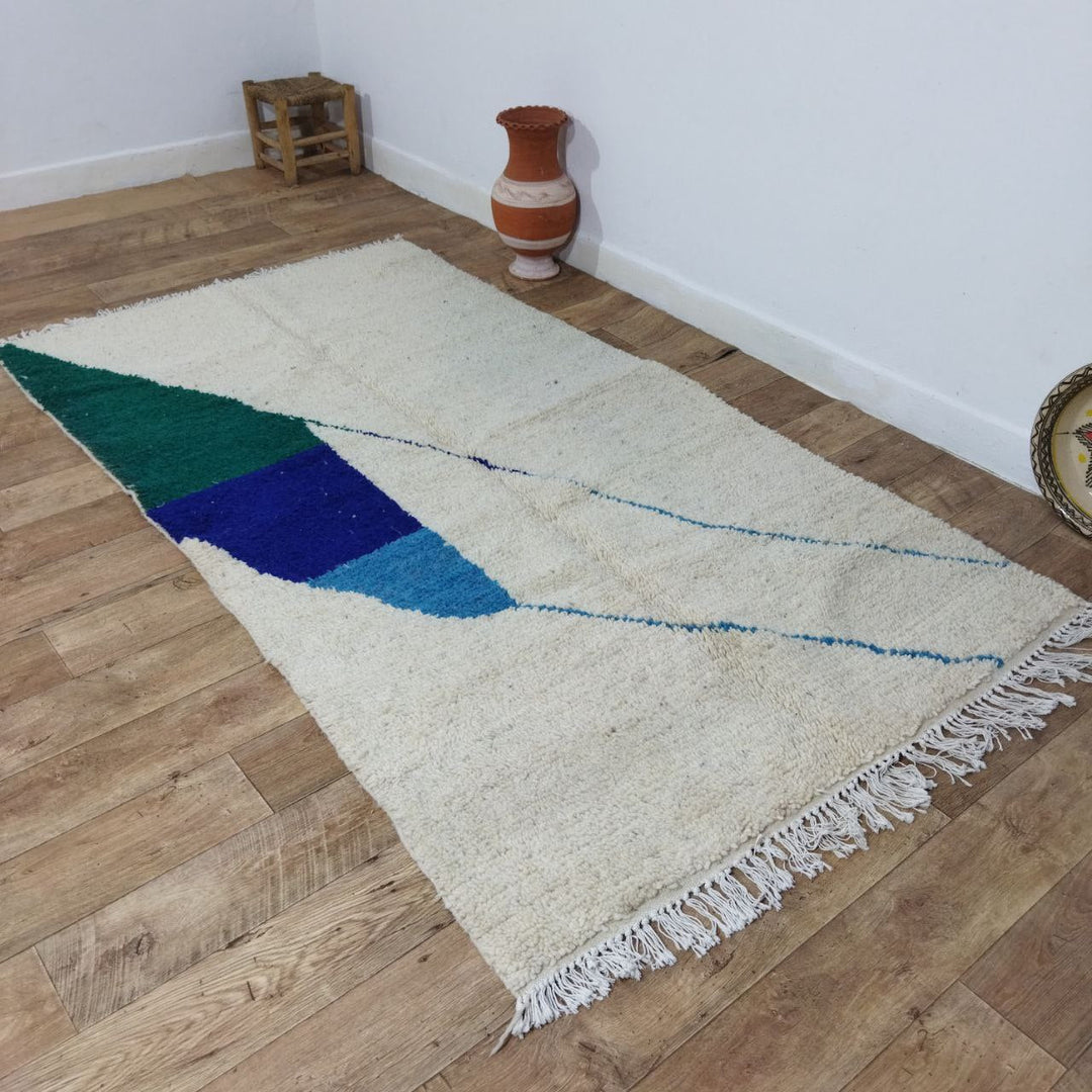 Colorful Beni Ourain Rug 4x8 Ft - Green Moroccan Rug 4x8ft - Rugs For Living Room - Moroccan Shag Rug, Berber Rug, Wool Rug, Blue Rug