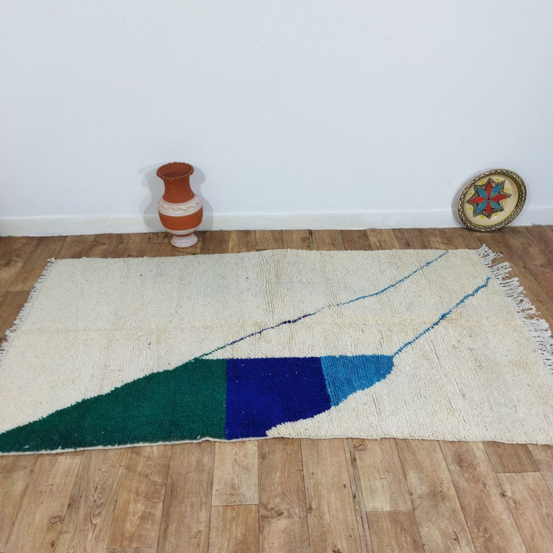 Colorful Beni Ourain Rug 4x8 Ft - Green Moroccan Rug 4x8ft - Rugs For Living Room - Moroccan Shag Rug, Berber Rug, Wool Rug, Blue Rug