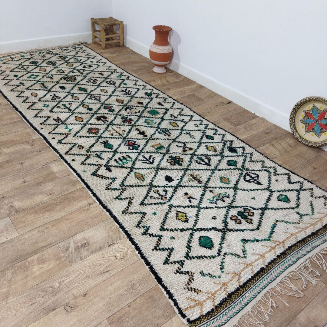 Unique Green Moroccan Wool Rug 4x12 Ft - Handmade Style Azilal Rug