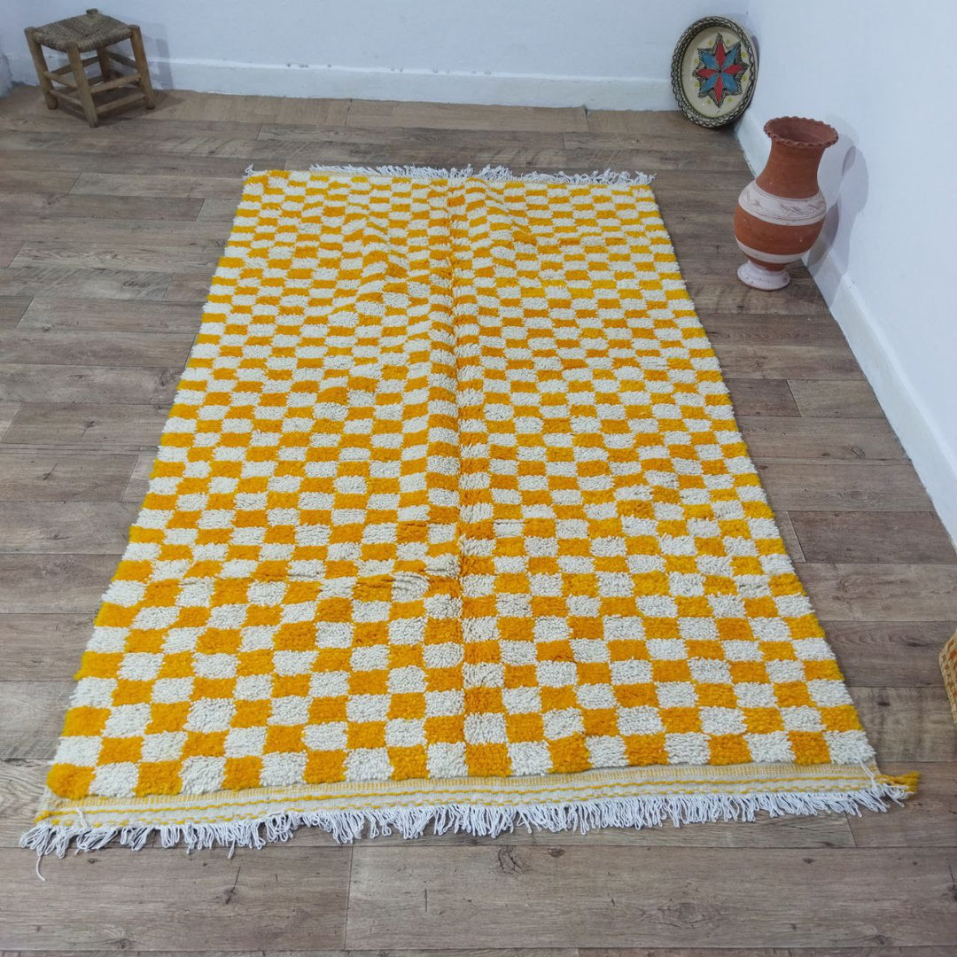 Yellow Handmade Rug, Yellow Checkered Rug - Berber style wool rug from Morocco - Modern rug