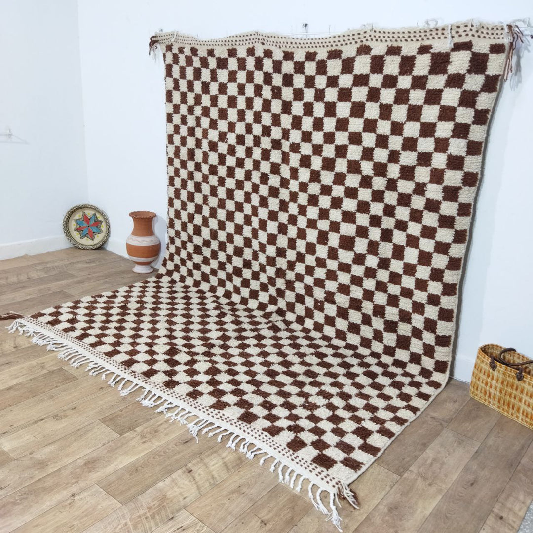Brown Handmade Rug, White and Brown Checkered Rug - Berber style wool rug from Morocco - Modern rug