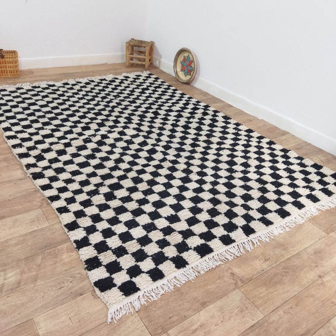 Black Handmade Rug, White and Black Checkered Rug - Berber style wool rug from Morocco - Modern rug