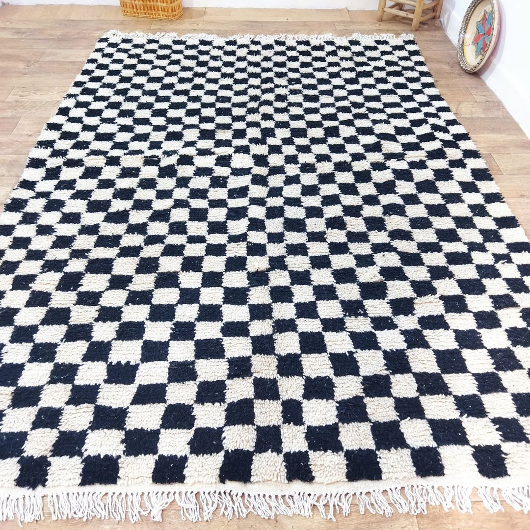 Black Handmade Rug, White and Black Checkered Rug - Berber style wool rug from Morocco - Modern rug