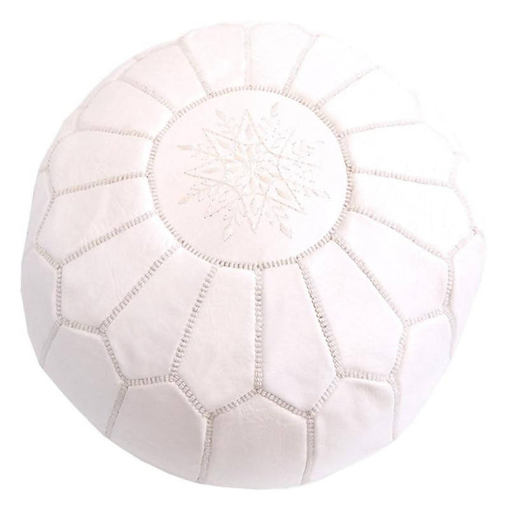 Round White Leather Moroccan Pouf-Moroccan Handicraft-MyTindy