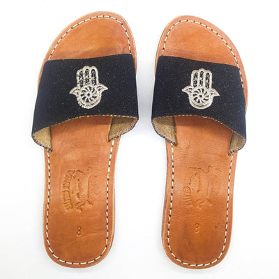 Real Leather Black Sandals with Hamsa Embroidered-My Real Leather-MyTindy